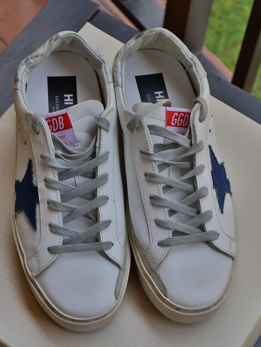 Golden Goose Hi Star Sneakers White Leather Navy Star Pink Tab Size 39 EU 8.5 US - Picture 3 of 17